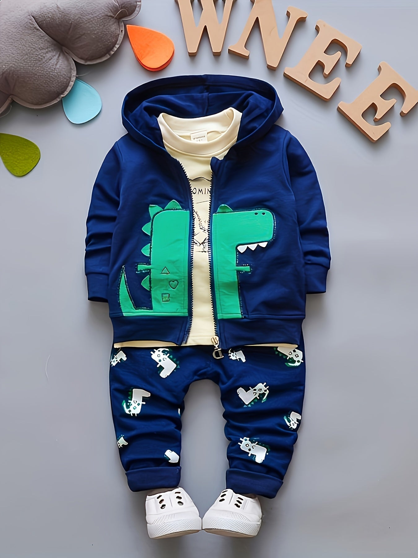Boys’ 3PCS Outfit – Hooded Dinosaur Jacket & Pullover Pants Set for Outdoor