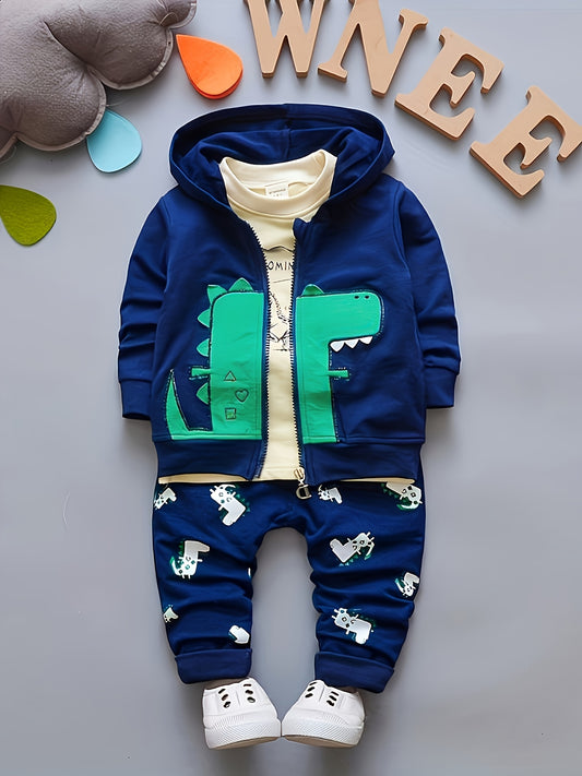 Boys’ 3PCS Outfit – Hooded Dinosaur Jacket & Pullover Pants Set for Outdoor