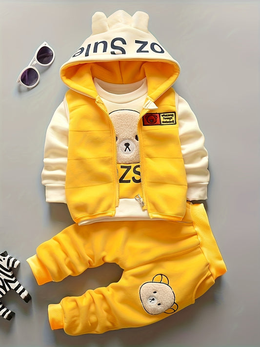 Girls’ 3PCS Winter Outfit – Fleece Hooded Top, Pants & Hat Set, Warm Outdoor Wear