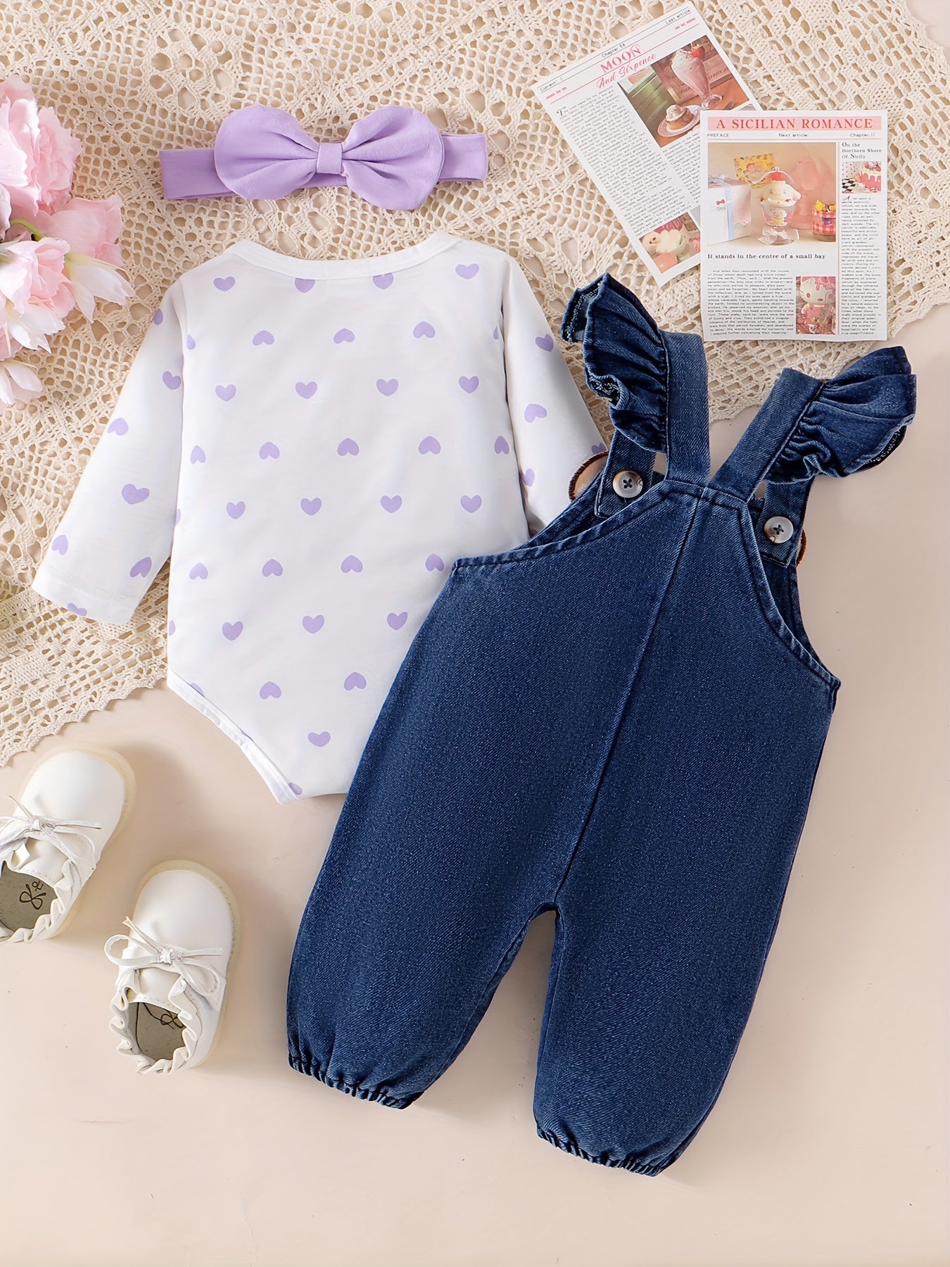 Baby Girl Two-Piece Outfit – Bear Romper & Denim Strap Pants, 0-18 Months
