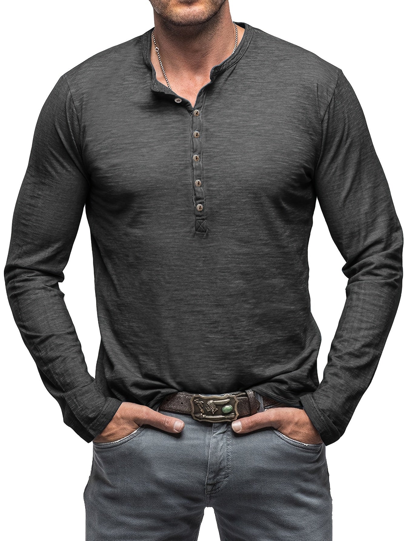 Solid Color Men's Long Sleeve Henley Shirt – Comfy, All-Match Casual Wear for Spring & Fall