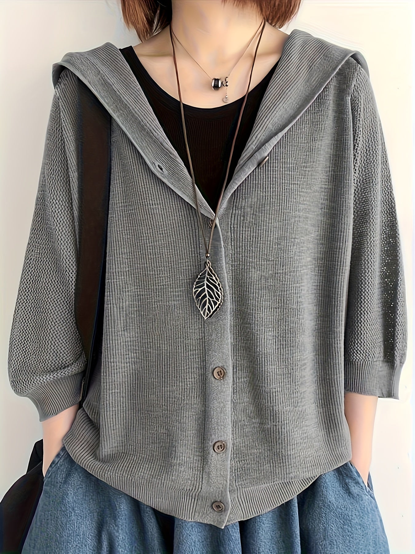 Women’s Lightweight V-Neck Cardigan – Hollow-Out 3/4 Sleeves, Stylish Spring & Fall Layer