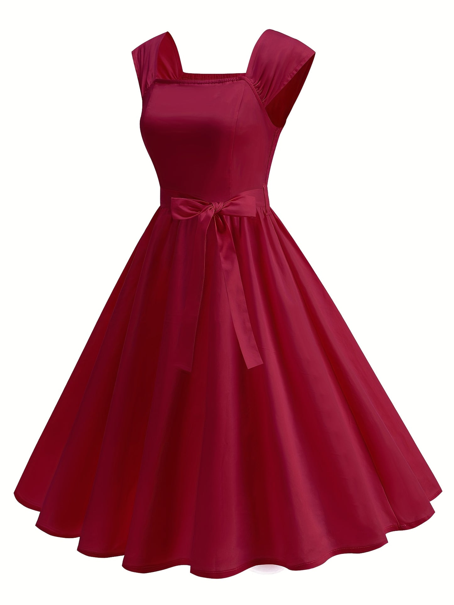 Women’s Retro Dress – Ruffled Hem, Bow Detail, Square Neck & Cinched Waist, Perfect for Spring/Summer/Fall