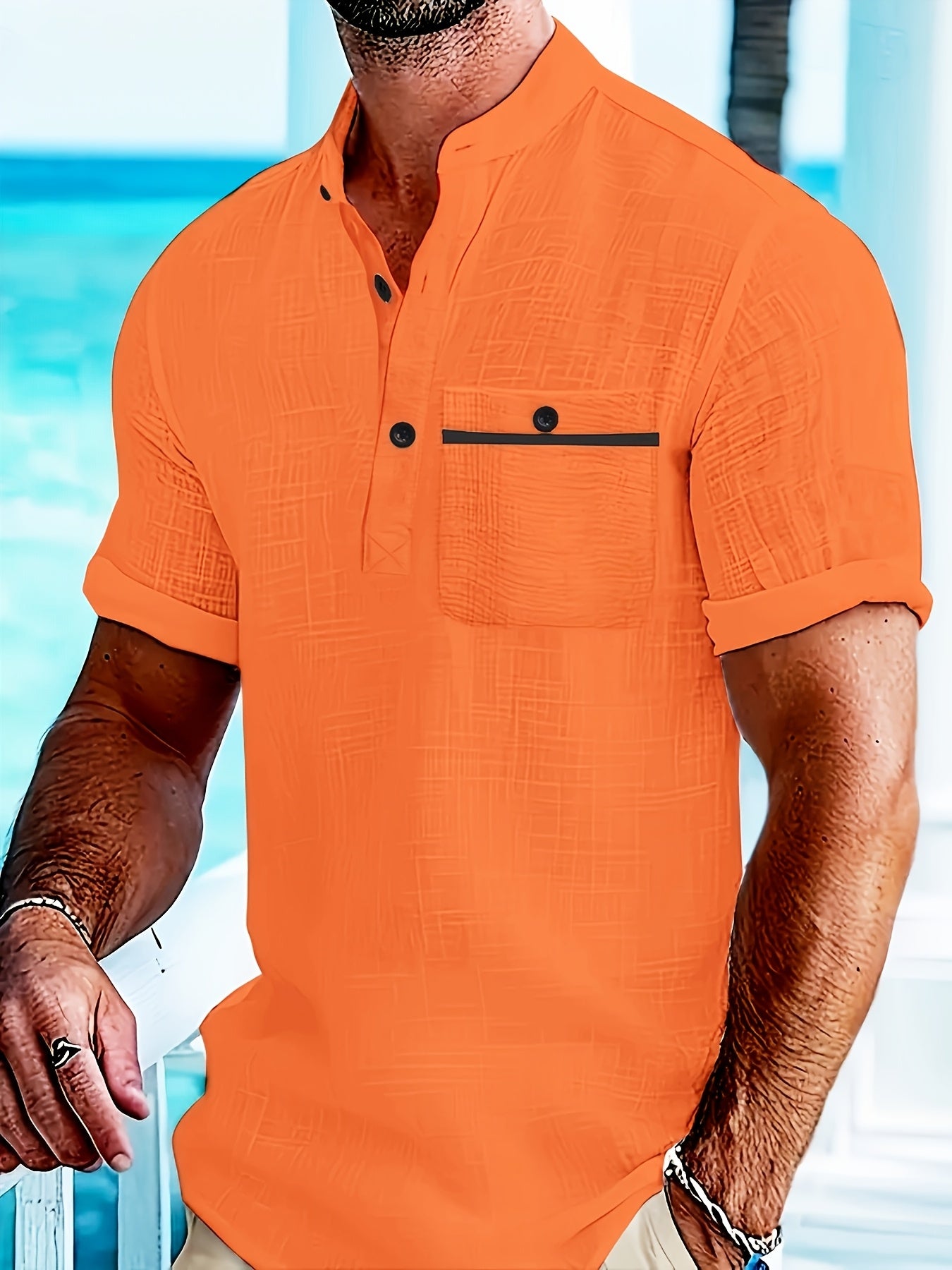 Men's 2pcs 100% Cotton Casual Set – Lightweight Moisture-Wicking Short Sleeve Shirt with Round Neck, Button & Pocket Print, Perfect for Summer Vacation