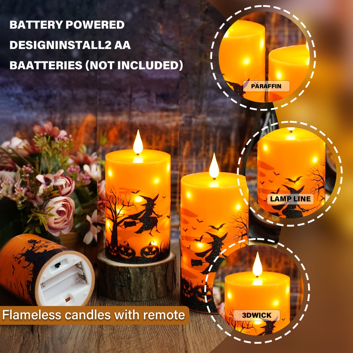 🕯️ 3pcs Halloween Candles – Glittery Witch Hat & Haunted House