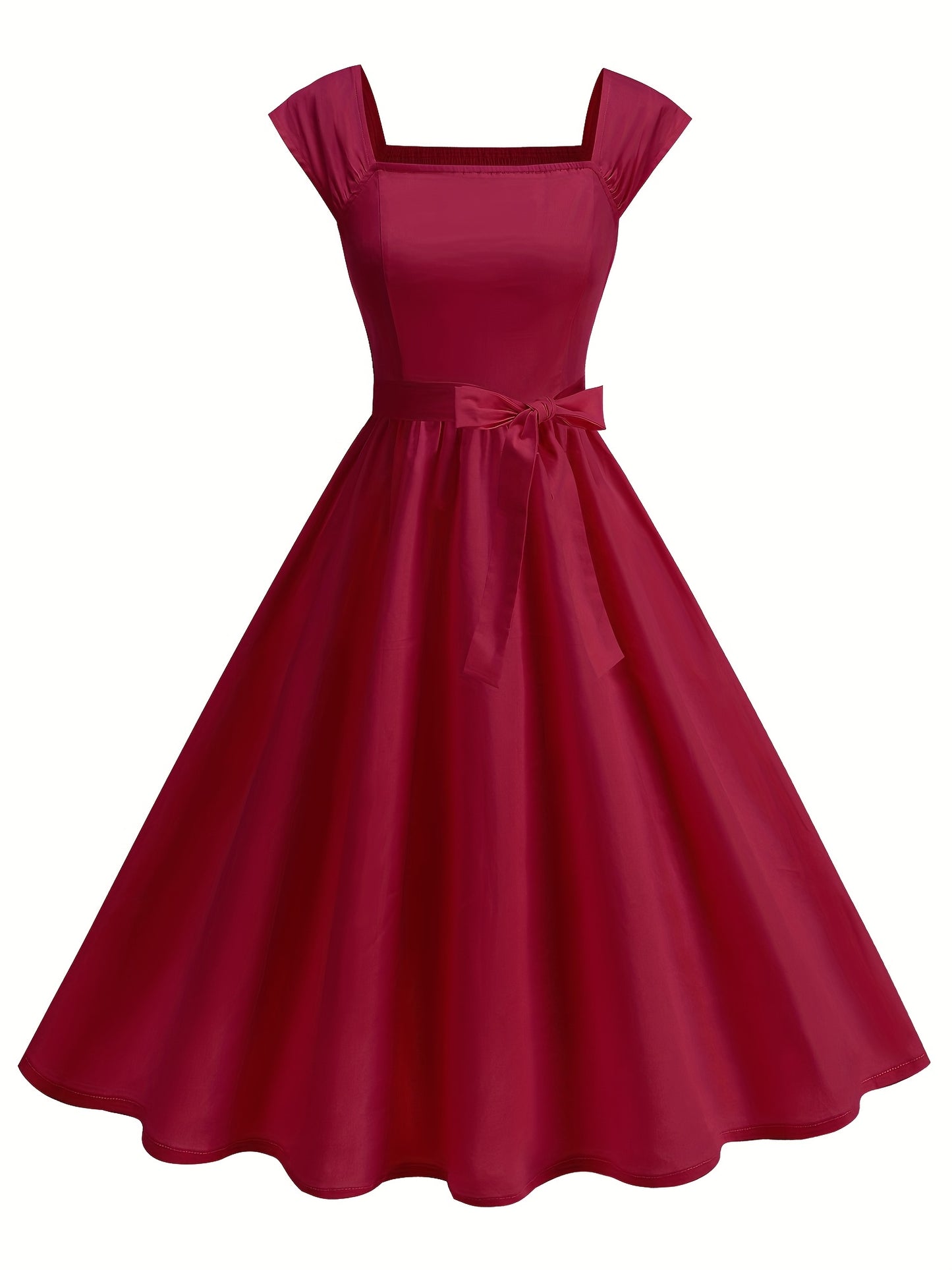 Women’s Retro Dress – Ruffled Hem, Bow Detail, Square Neck & Cinched Waist, Perfect for Spring/Summer/Fall