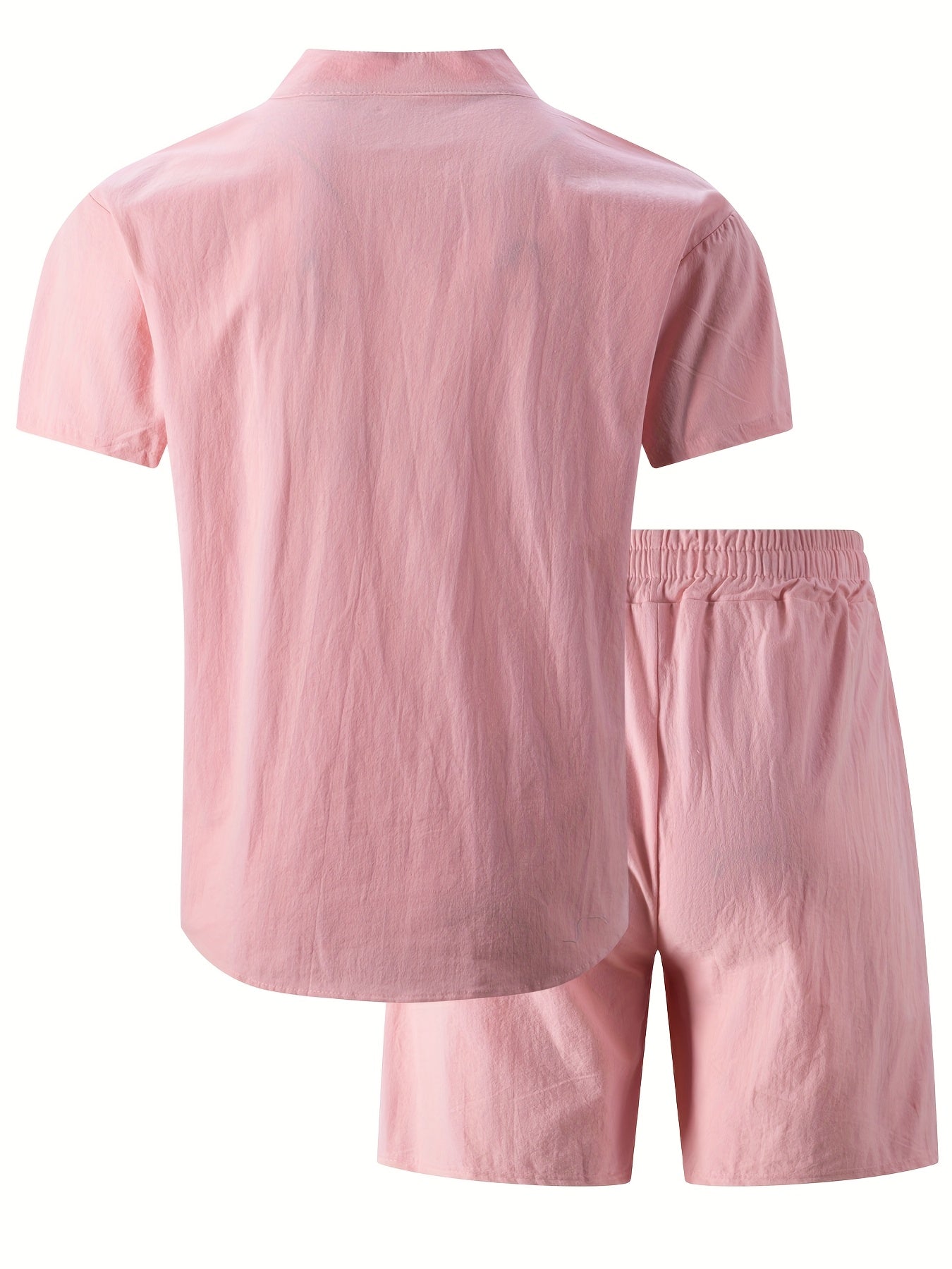 Men's Cotton Casual Two-Piece Set – Stand Collar Short Sleeve Shirt & Elastic Waist Shorts, Summer Beach or Workwear Outfit