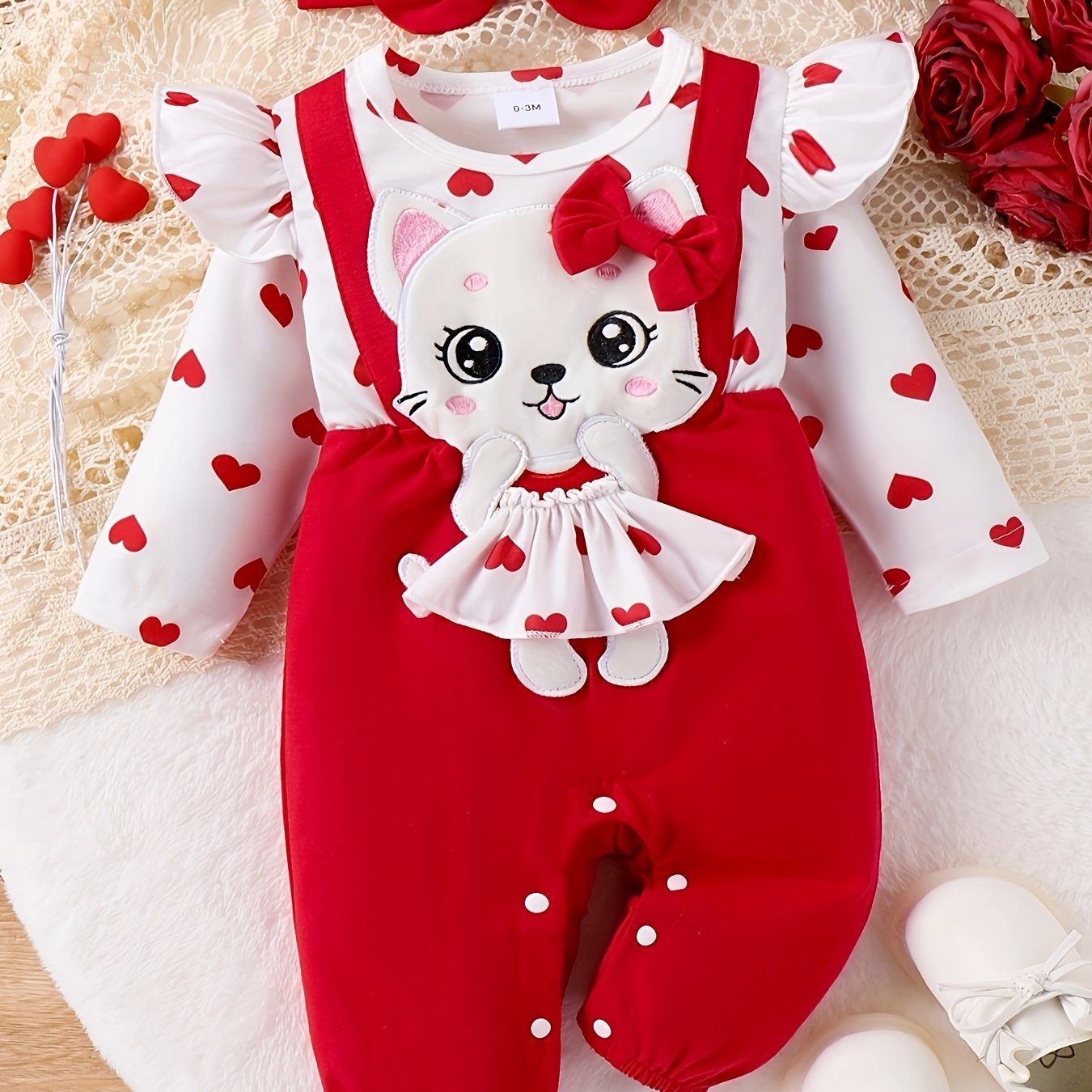 Conjunto de macacão 2 peças para bebé 0–18 meses – Macacão de manga comprida com folha de lótus e chapéu, bordado de gatinho de desenho animado para outono/inverno