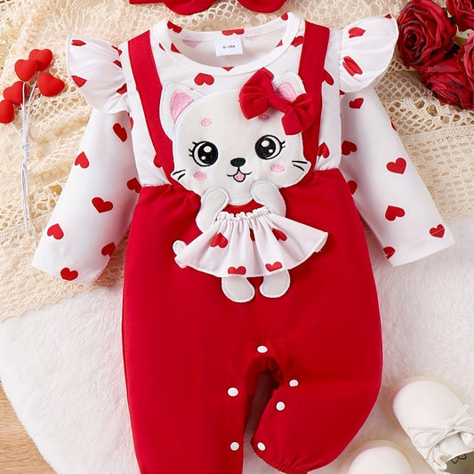 0–18 Monate Baby 2-teiliges Jumpsuit-Set – Langärmliger Lotusblatt-Overall mit Kopfbedeckung, Cartoon-Kätzchen-Stickerei für Herbst/Winter