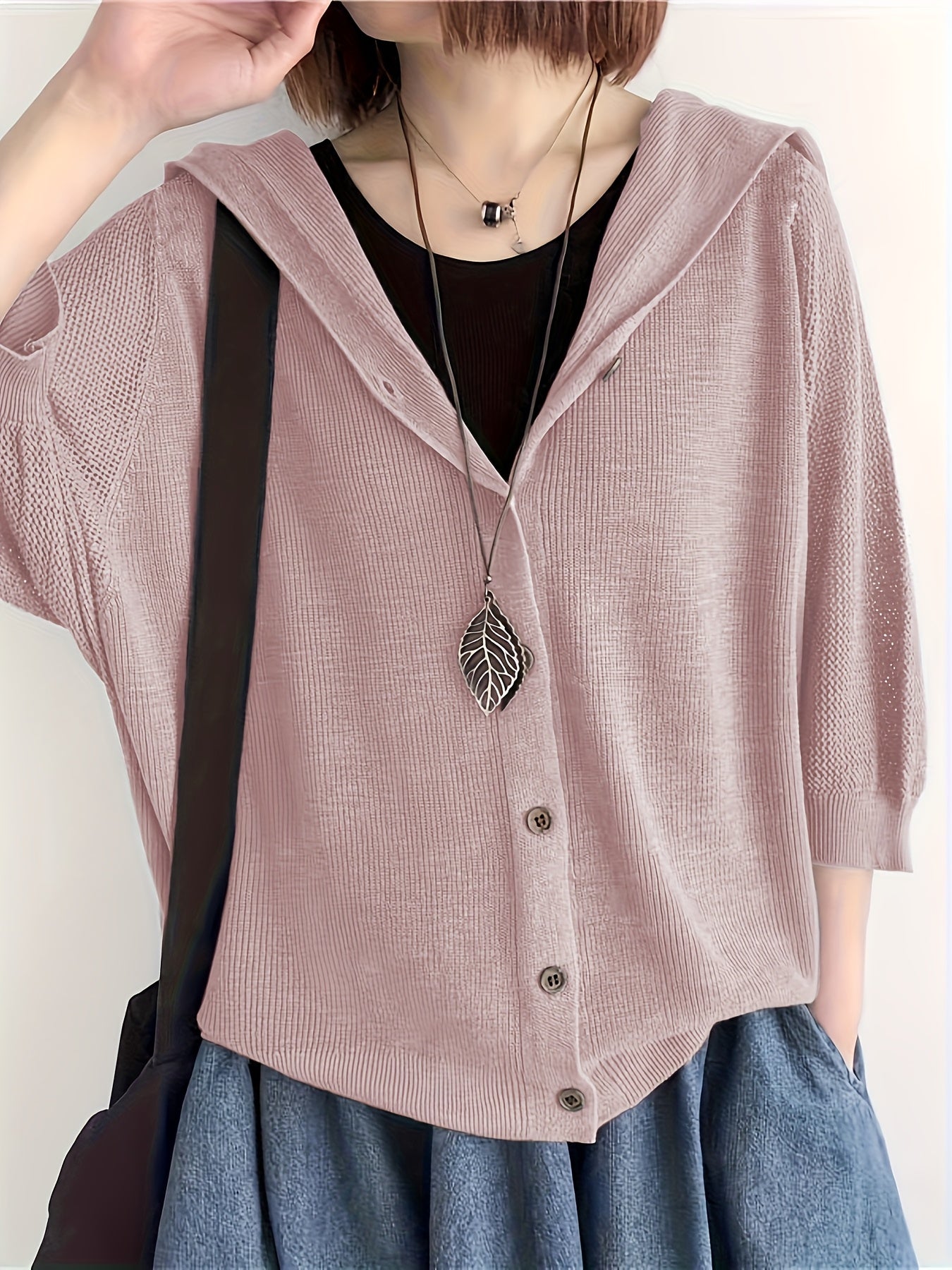 Women’s Lightweight V-Neck Cardigan – Hollow-Out 3/4 Sleeves, Stylish Spring & Fall Layer