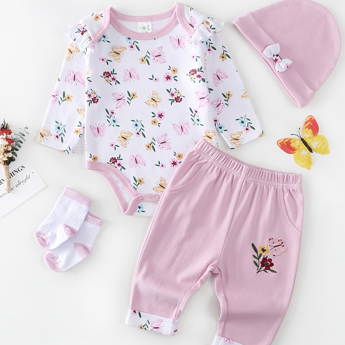 Baby Girl 4-Piece Outfit – Long Sleeve Romper with Pants, Hat & Socks, Soft Cotton All-Season Playwear