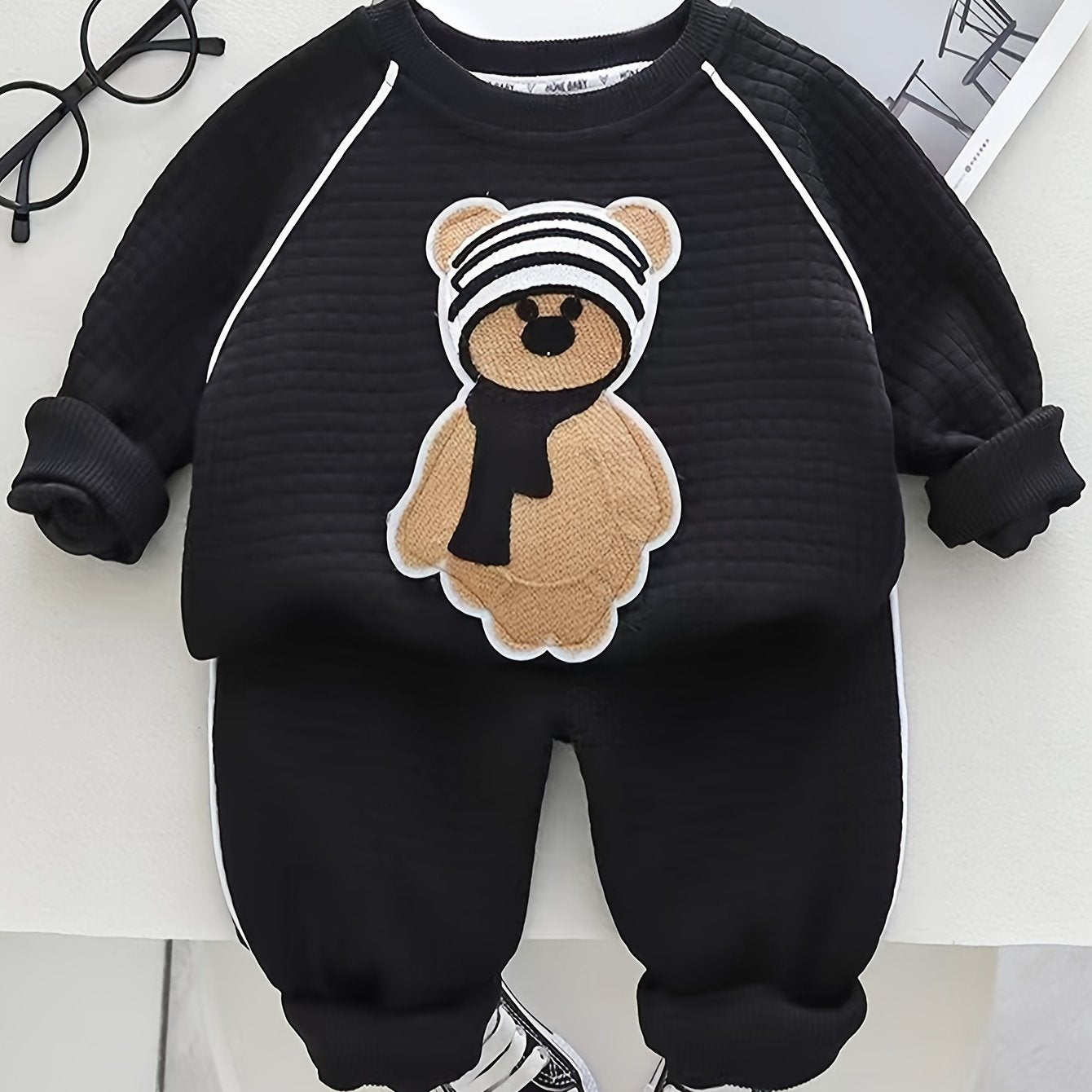 Kids’ 2PCS Autumn Outfit – Bear Sweatshirt & Sweatpants Set, Casual Everyday Wear