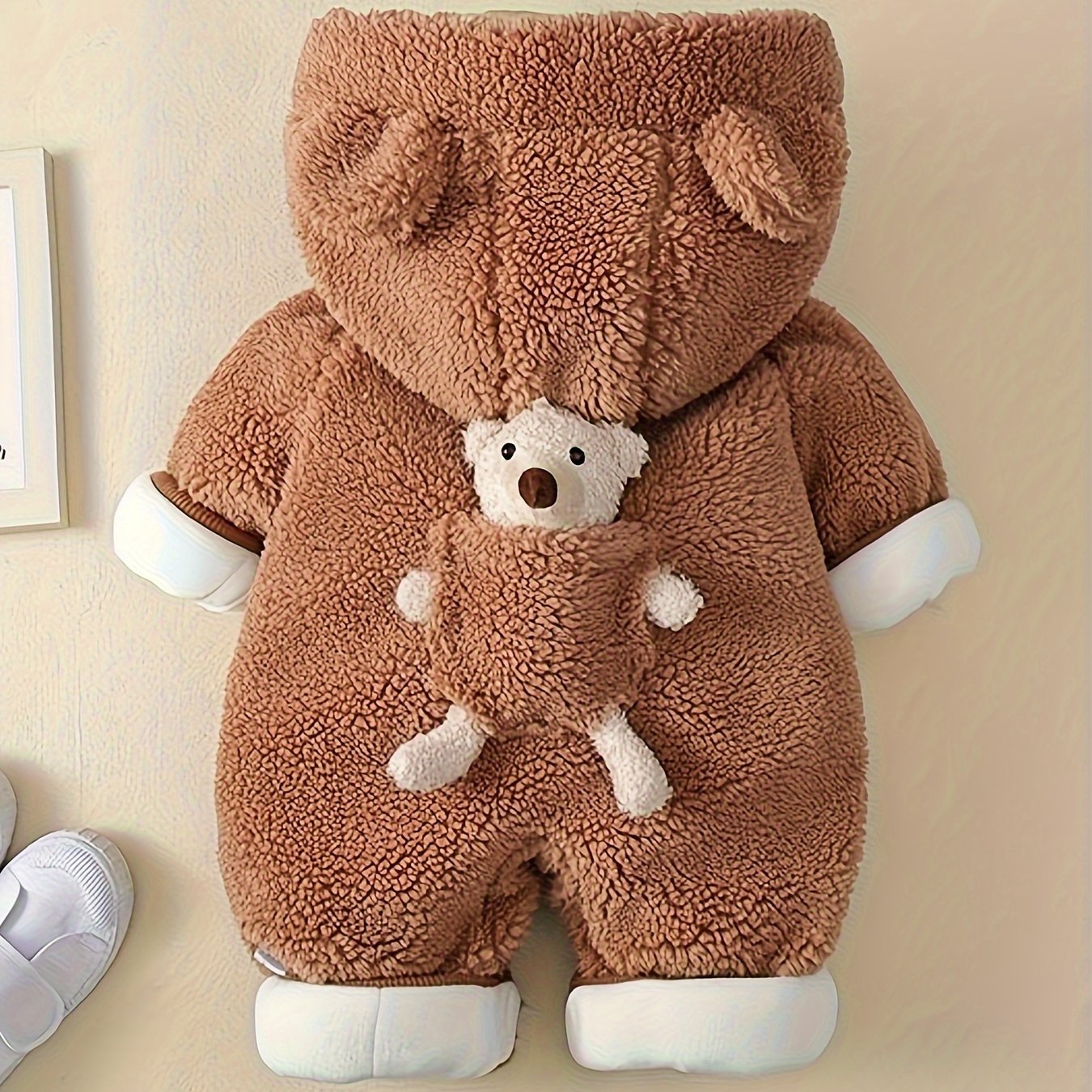 Baby Winter Hooded Jumpsuit – Warm Bear Decor Outfit for Newborn Boys & Girls, Suitable for Indoor & Outdoor Wear