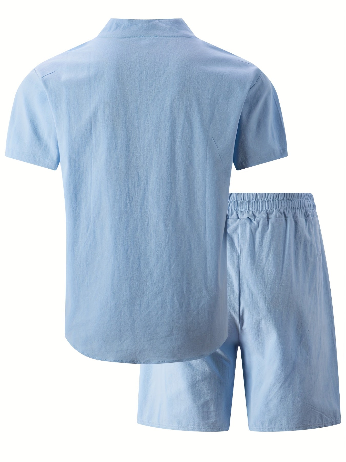 Men's Cotton Casual Two-Piece Set – Stand Collar Short Sleeve Shirt & Elastic Waist Shorts, Summer Beach or Workwear Outfit