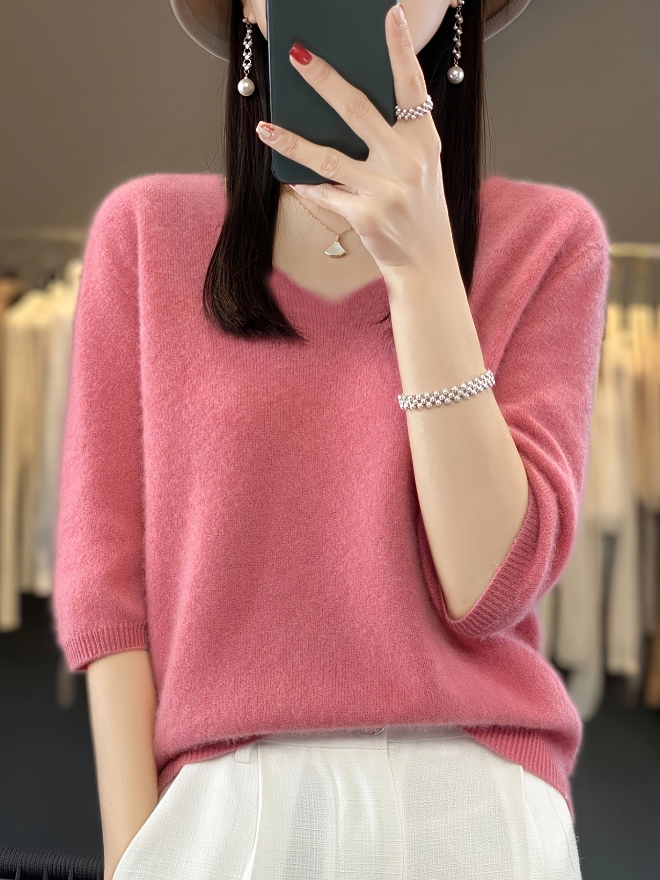 Women’s 100% Wool V-Neck Knit Sweater – Short Sleeve Lightweight Pullover for Casual Layering