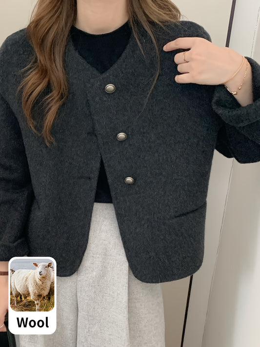 Women’s Wool Tweed Jacket – Cropped Cardigan with Buttons & Pockets, Chic Fall/Winter Fashion