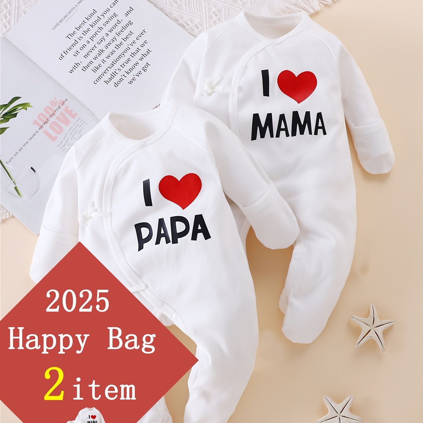 2PCS Baby Bodysuit Set – "Love Mom & Dad" Butterfly Romper with Hand & Foot Covers, Autumn Outfit for Outdoor