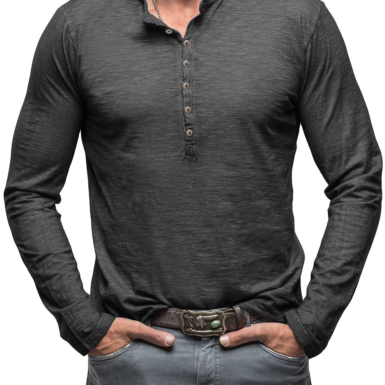Solid Color Men's Long Sleeve Henley Shirt – Comfy, All-Match Casual Wear for Spring & Fall
