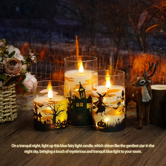🕯️ 3pcs Halloween Candles – Glittery Witch Hat & Haunted House