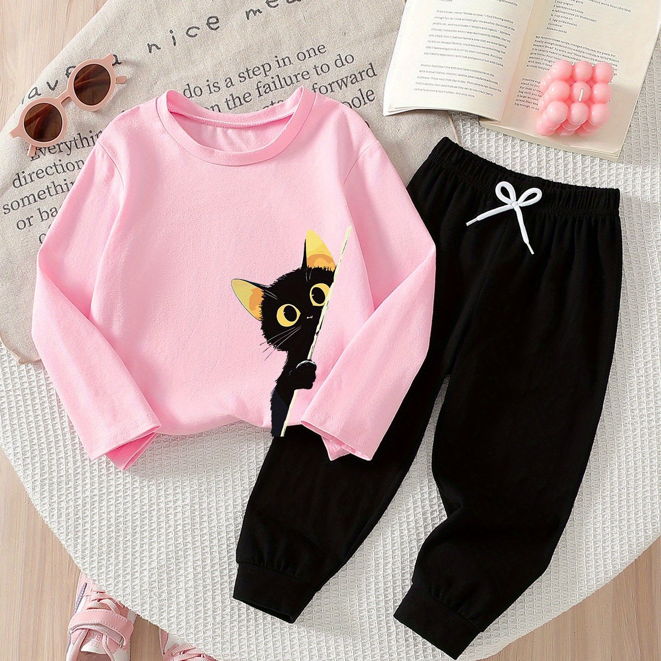 Girls’ 2PCS Outfit – Cat Print Long Sleeve Tee & Wide-Leg Pants, Spring/Fall Casual Wear