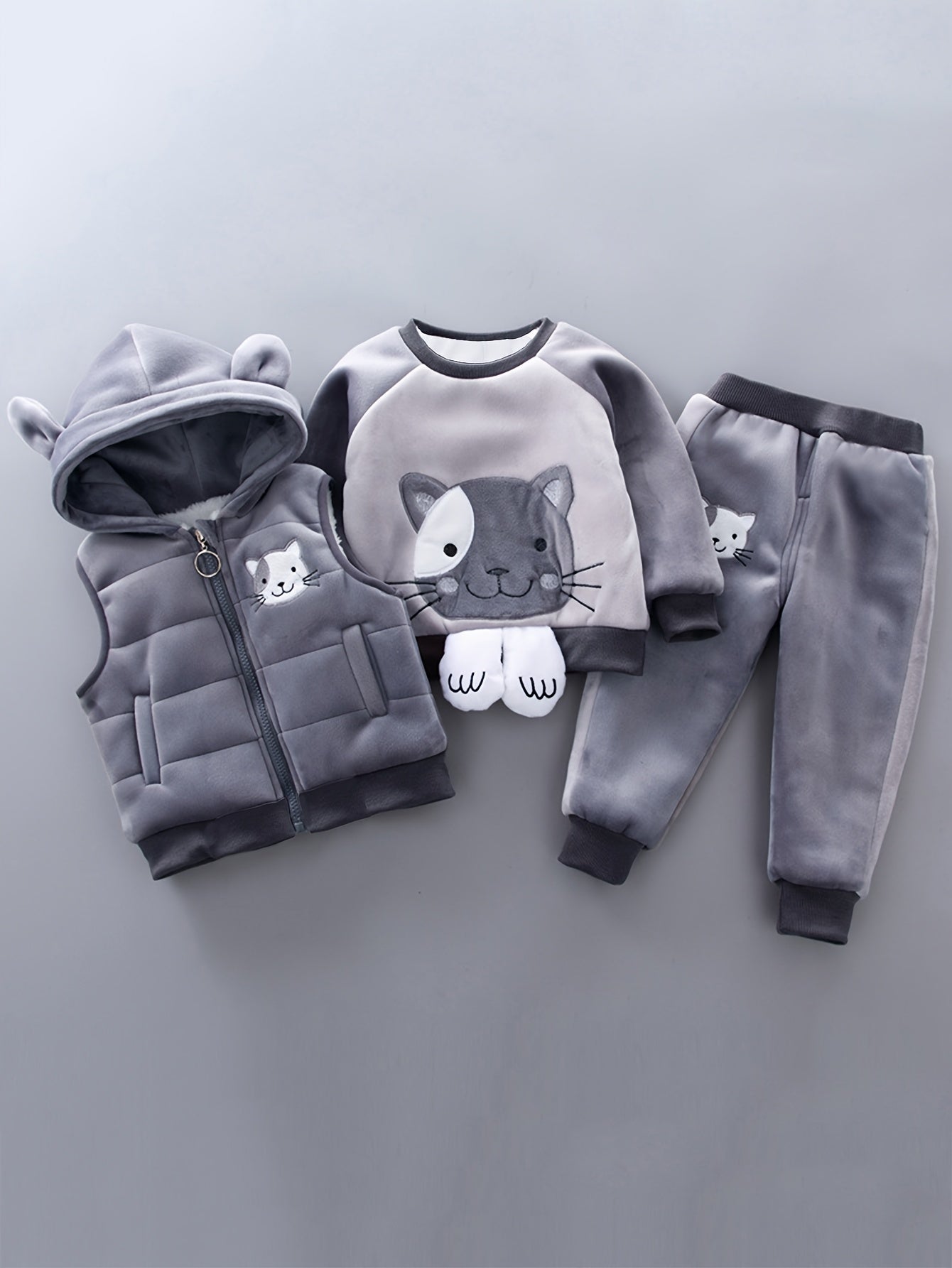 🐱 3pcs Cozy Cat Hoodie Set – Winter Outfit for Girls