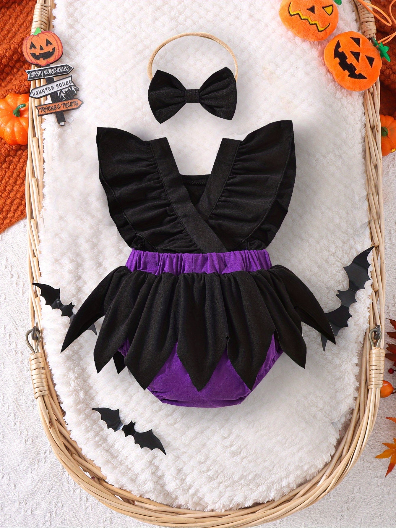 🎃 Girls' Halloween Outfit – Black Printed Bodysuit + Bow Headband | Cozy Fall/Winter Wear