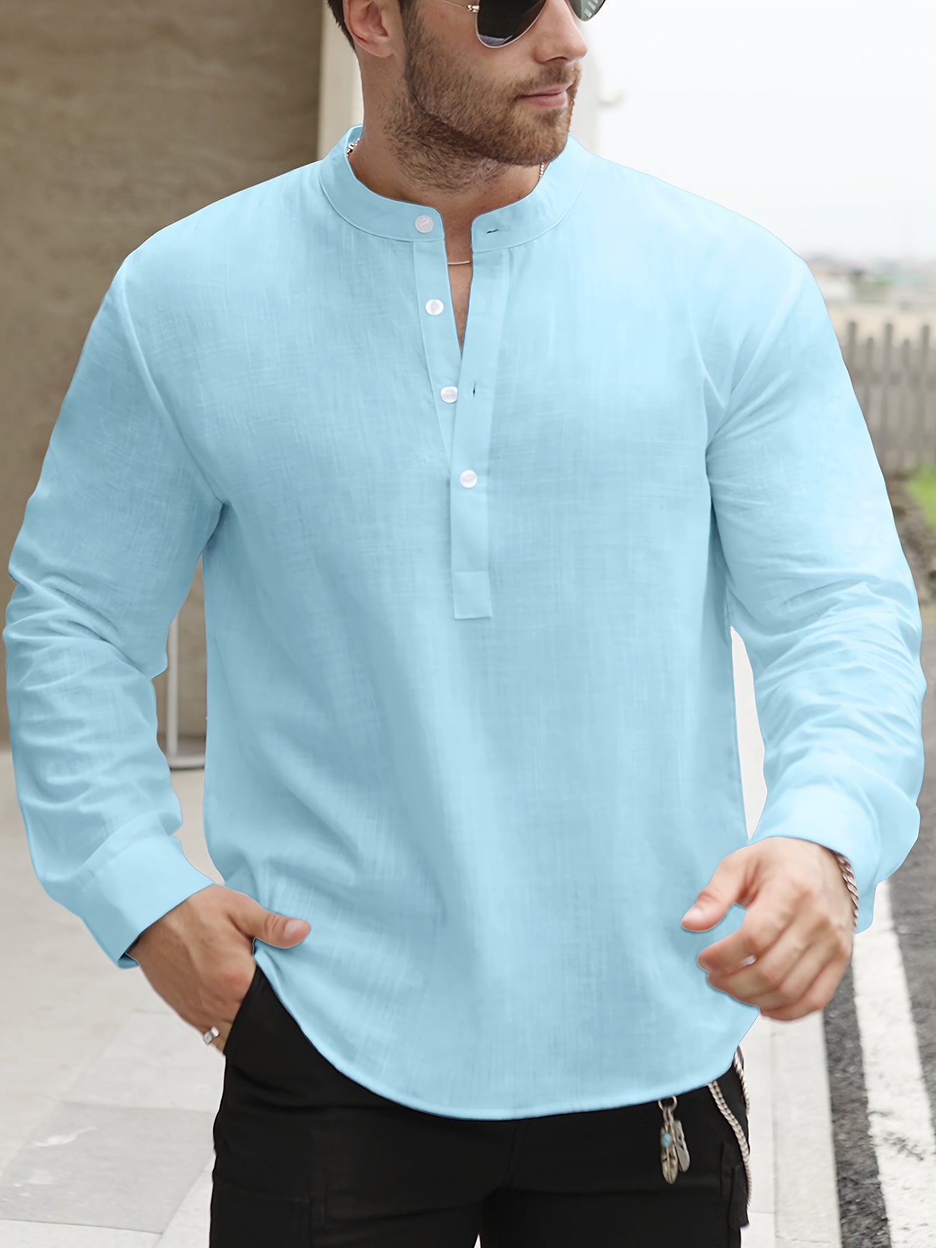 Lightweight Men’s Retro Shirt – Stand Collar Half-Sleeve, Solid Color with Bamboo Pattern