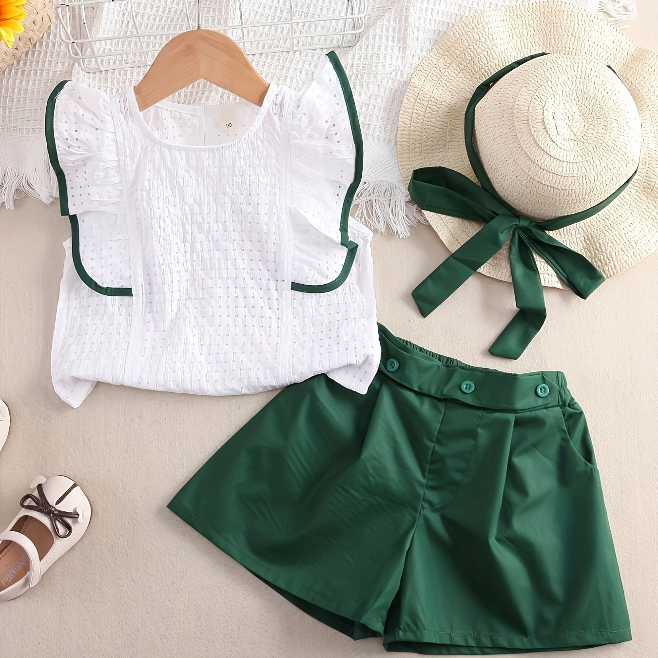 Girls’ Summer 2PCS Outfit – Ruffled Top & Button Shorts with Hat