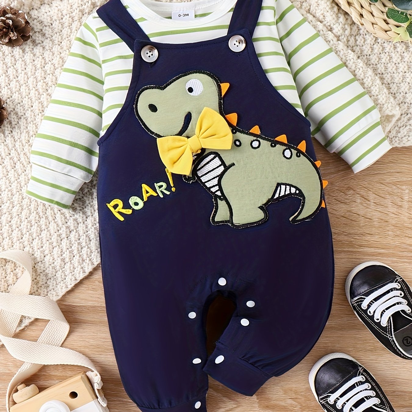 Baby Boy Fall/Winter Romper Set – Long Sleeve Stripe Bodysuit with Adjustable Suspender Pants, 0-18 Months