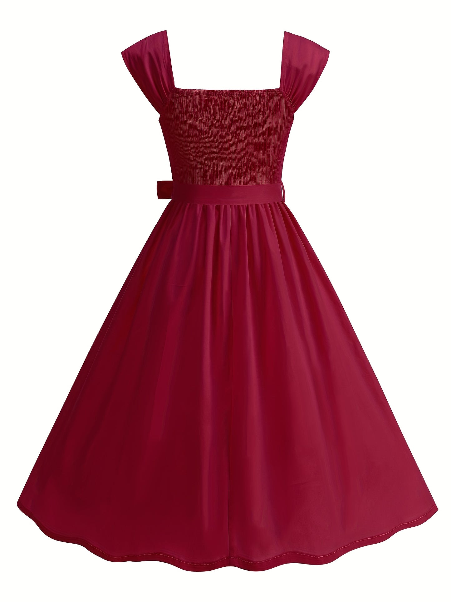 Women’s Retro Dress – Ruffled Hem, Bow Detail, Square Neck & Cinched Waist, Perfect for Spring/Summer/Fall