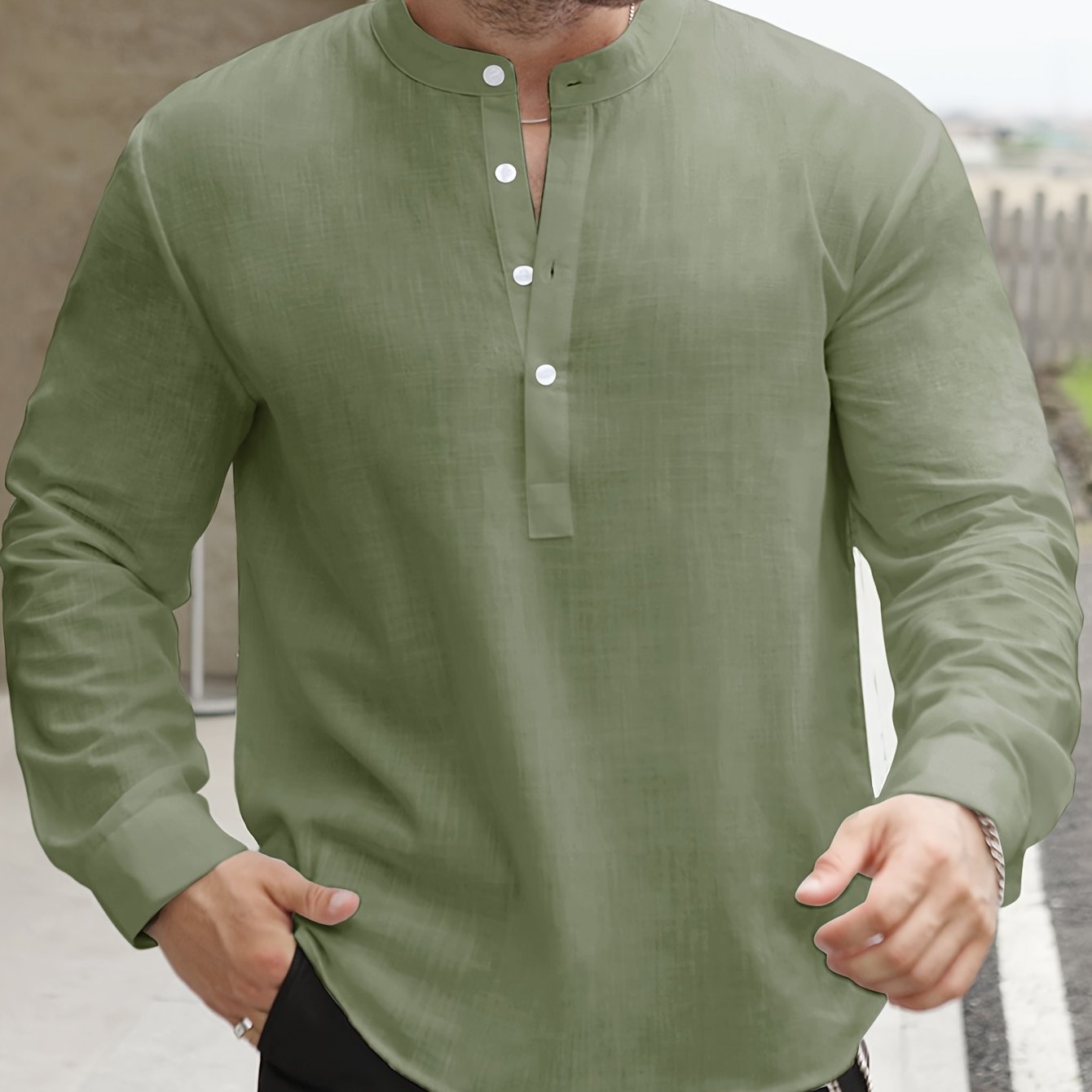 Lightweight Men’s Retro Shirt – Stand Collar Half-Sleeve, Solid Color with Bamboo Pattern