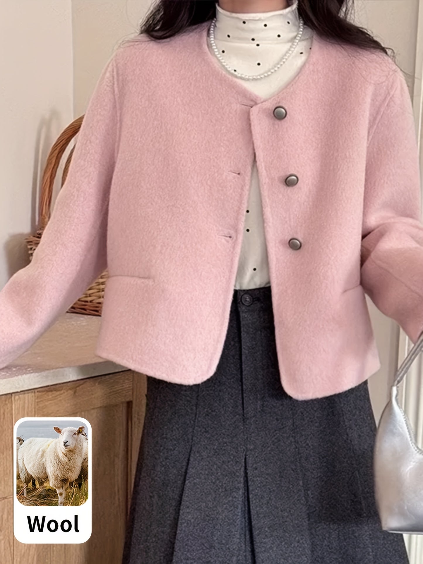 Women’s Wool Tweed Jacket – Cropped Cardigan with Buttons & Pockets, Chic Fall/Winter Fashion