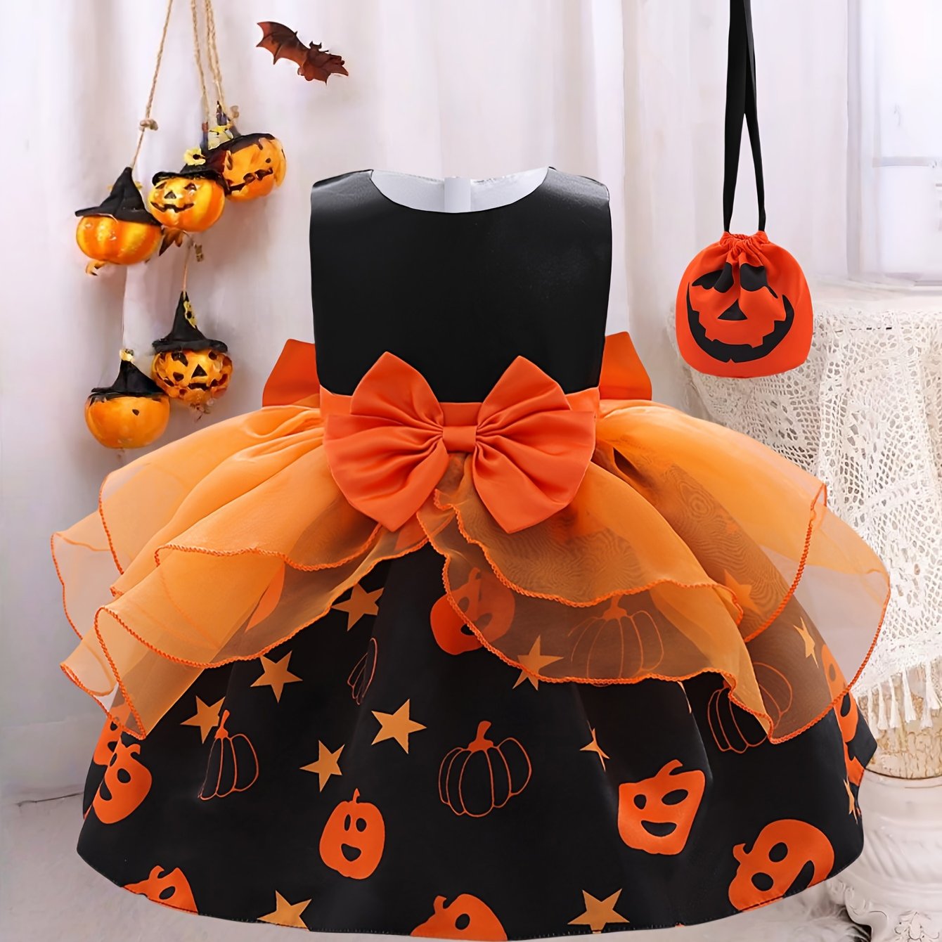 🎃 Girls’ Pumpkin Dress Set – Dress & Tote Bag for Halloween