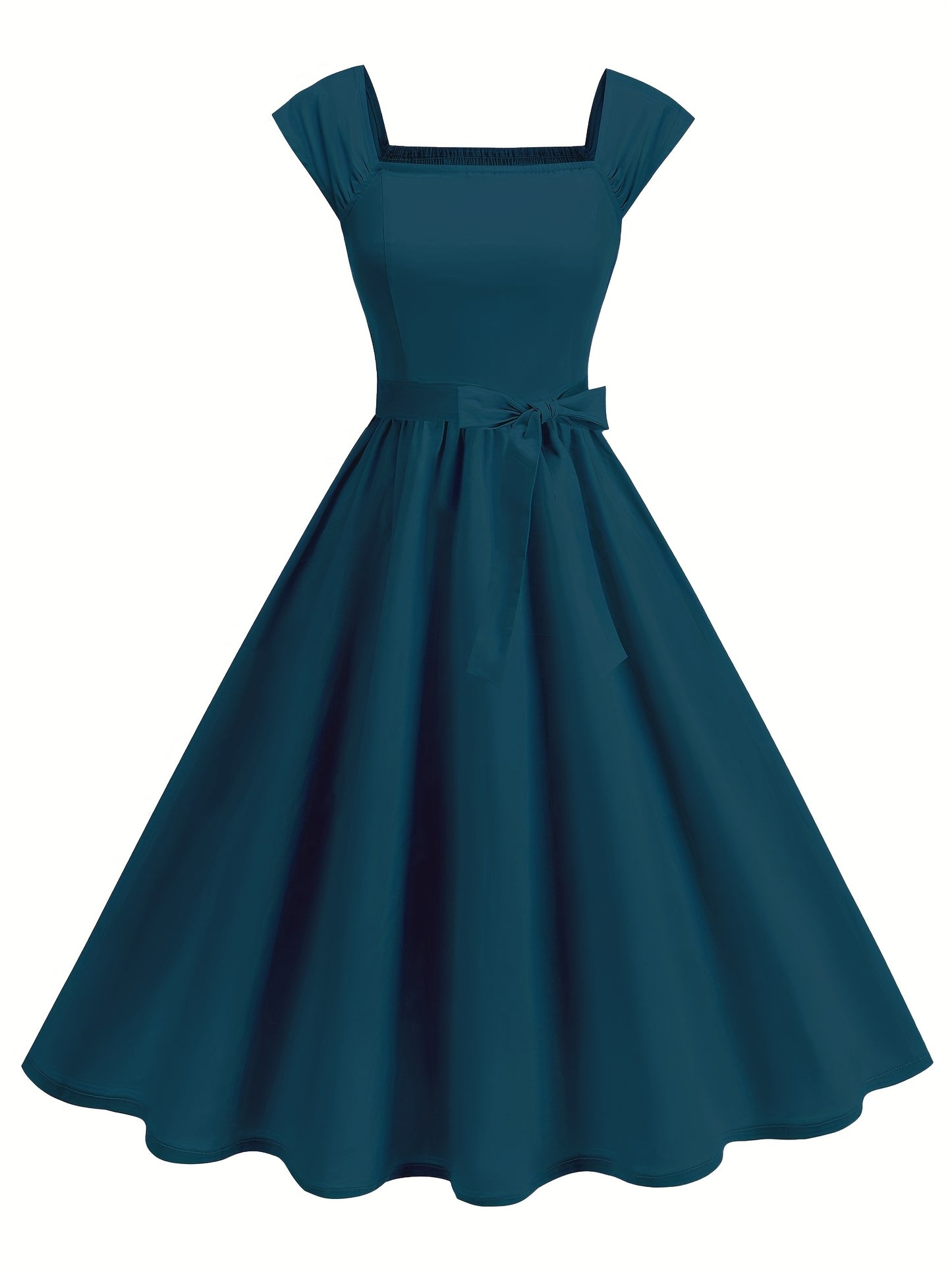 Women’s Retro Dress – Ruffled Hem, Bow Detail, Square Neck & Cinched Waist, Perfect for Spring/Summer/Fall