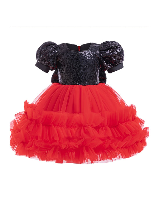 🎀 Girls’ Halloween Princess Dress – Black Sequin & Red Tulle