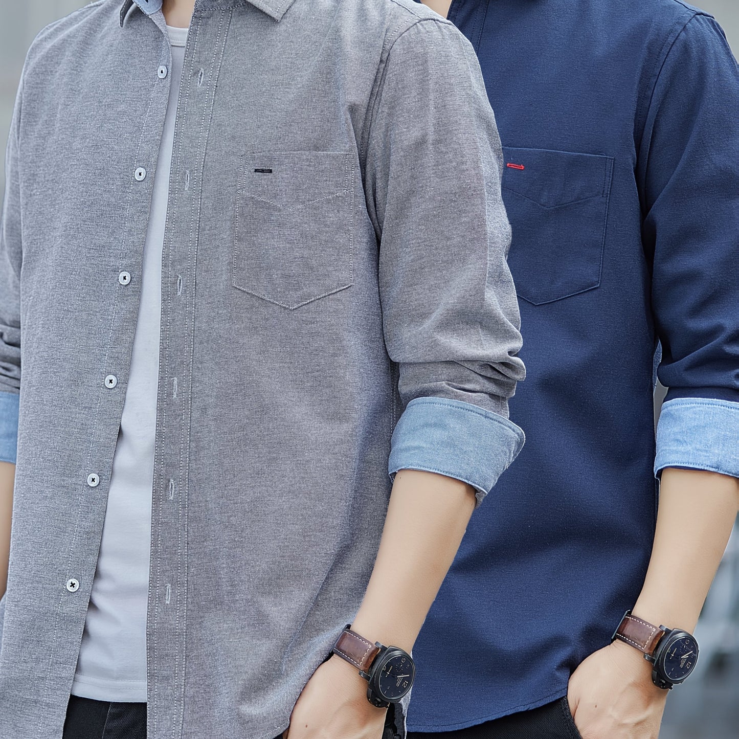 Men's Casual Button-Up Shirt with Contrast Cuffs & Chest Pocket – Embroidered Long Sleeve 2pcs Set, All-Season Wear