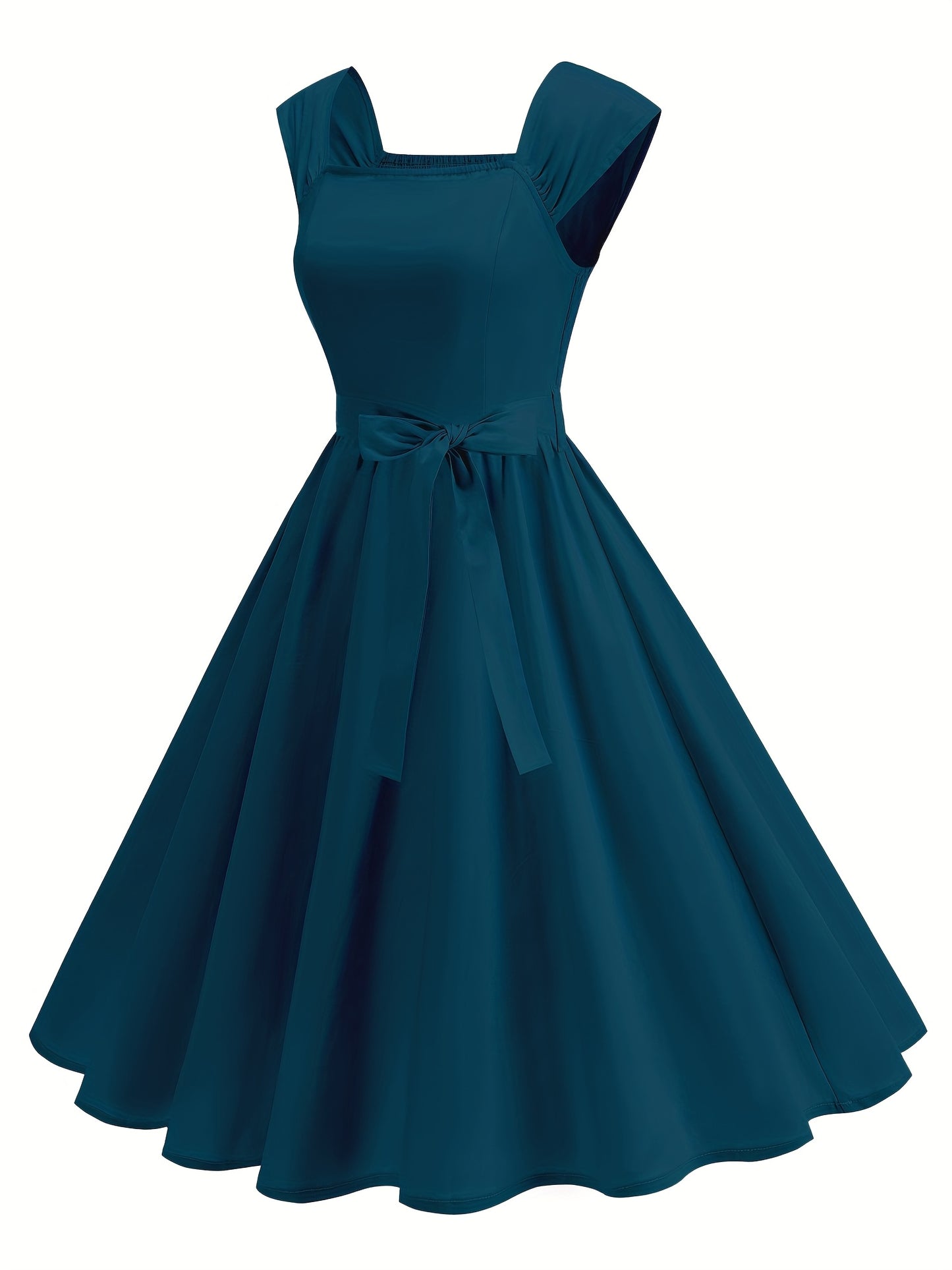 Women’s Retro Dress – Ruffled Hem, Bow Detail, Square Neck & Cinched Waist, Perfect for Spring/Summer/Fall