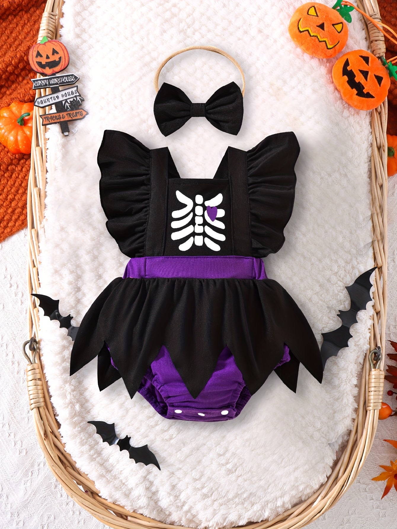 🎃 Girls' Halloween Outfit – Black Printed Bodysuit + Bow Headband | Cozy Fall/Winter Wear