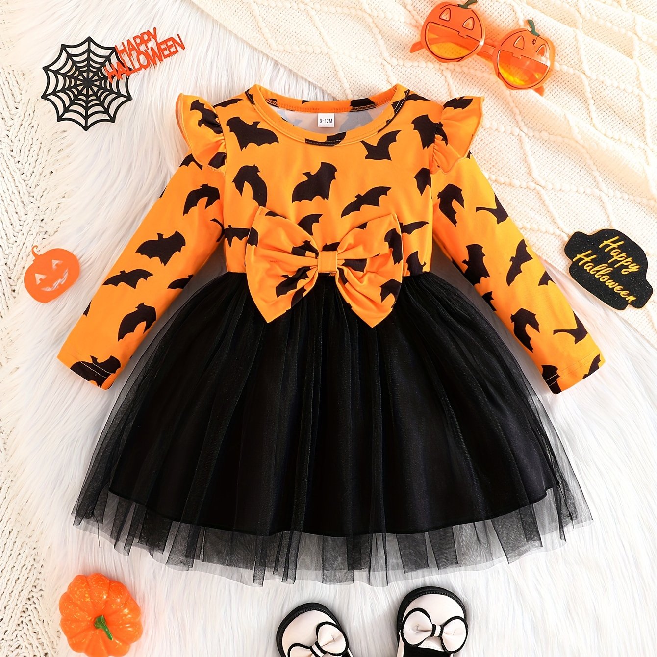 🦇 Girls’ Halloween Bat Dress – Long Sleeve Tulle Skirt