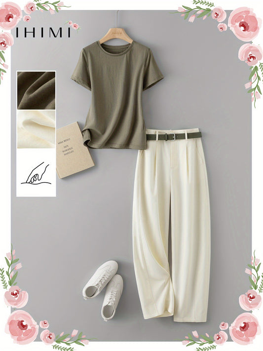 Women’s Pants Set – Casual Belted T-Shirt & Pants Combo, Comfortable Summer Outfit