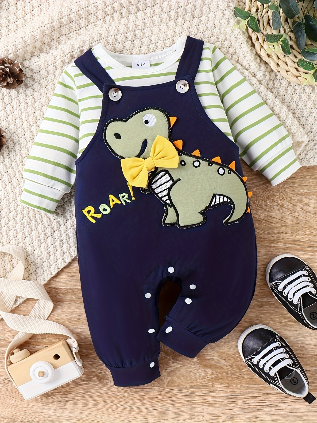 Baby Boy Fall/Winter Romper Set – Long Sleeve Stripe Bodysuit with Adjustable Suspender Pants, 0-18 Months