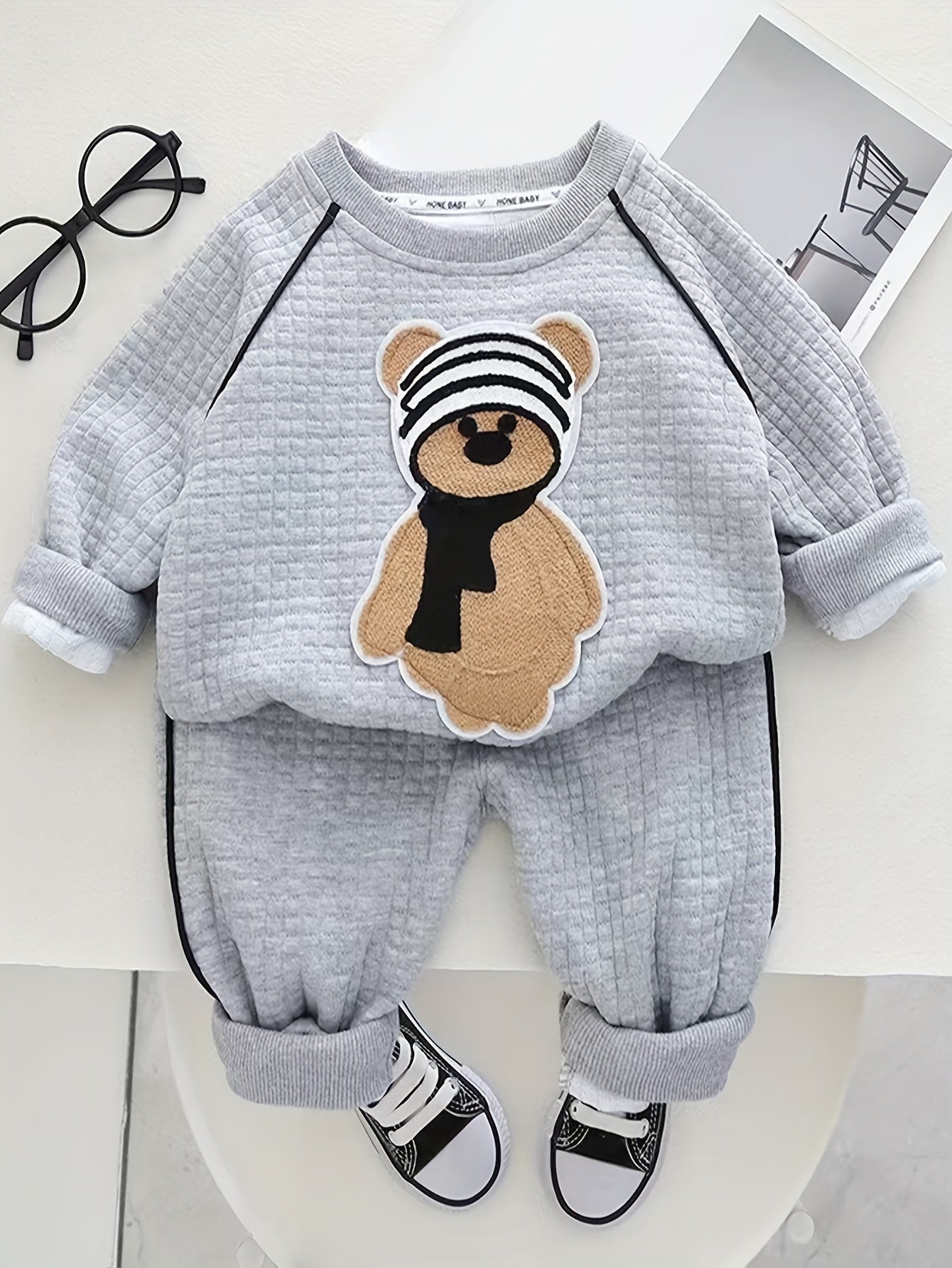 Kids’ 2PCS Autumn Outfit – Bear Sweatshirt & Sweatpants Set, Casual Everyday Wear