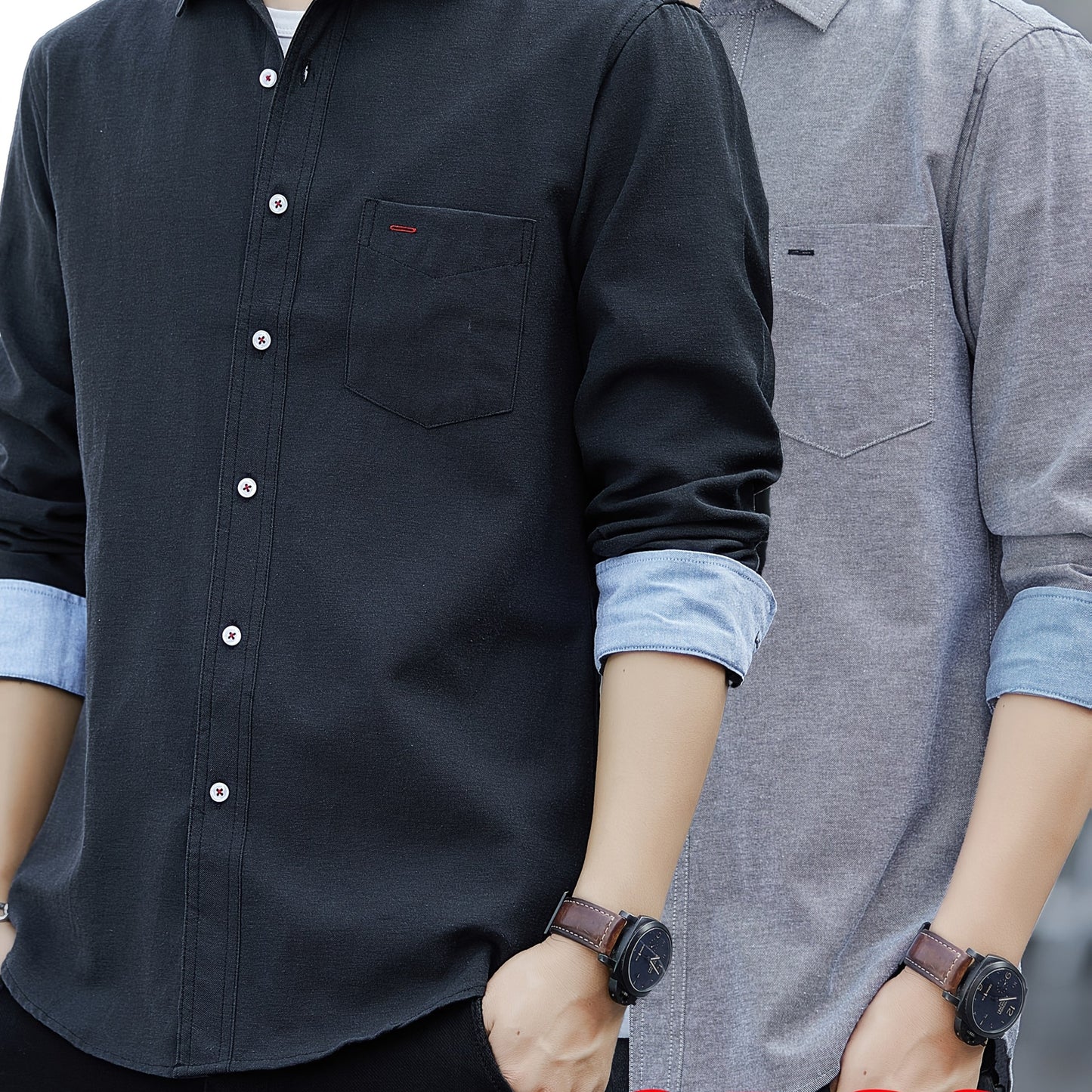 Men's Casual Button-Up Shirt with Contrast Cuffs & Chest Pocket – Embroidered Long Sleeve 2pcs Set, All-Season Wear