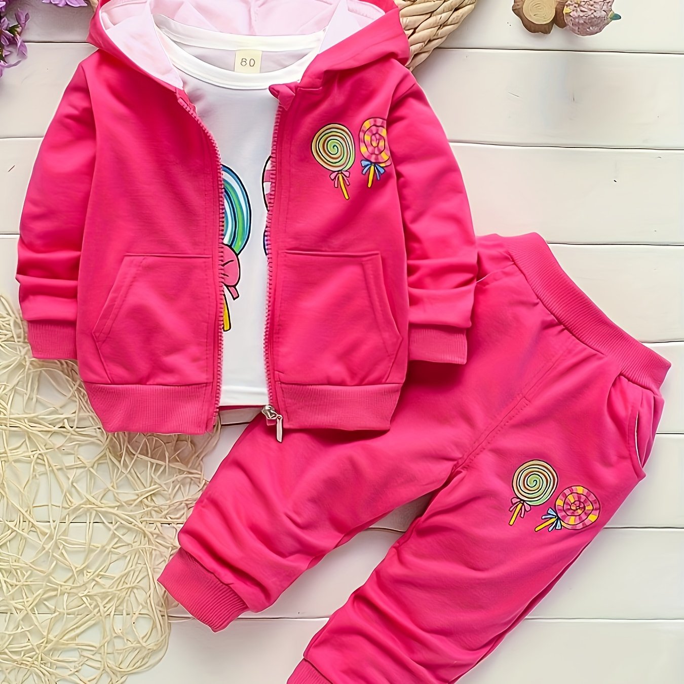 Girls’ 3PCS Long-Sleeve Outfit – Lollipop Print Hooded Sweatshirt Set for Spring/Autumn