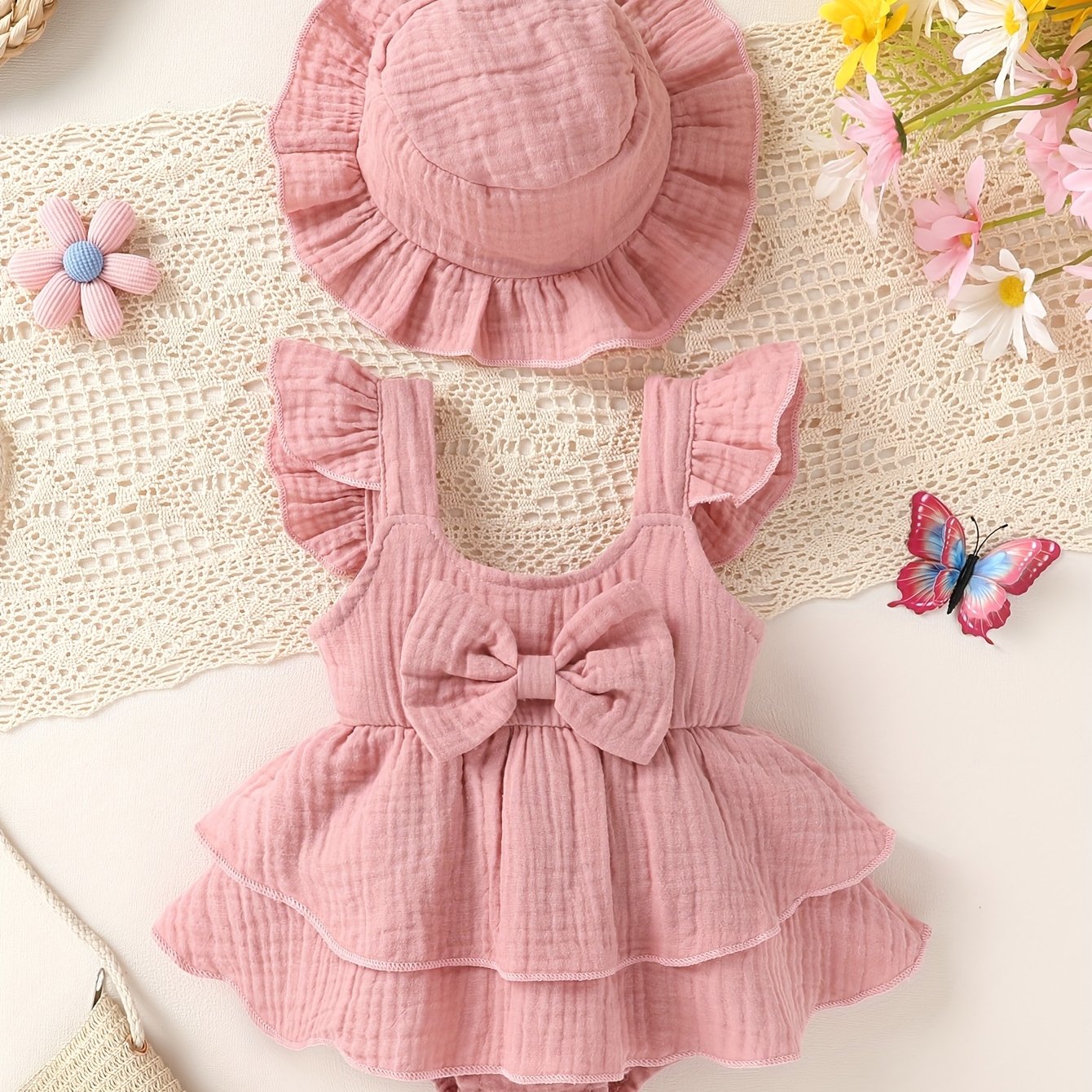 2pcs Little Girl Ruffle Strap Dress & Hat Set – Soft, Comfortable, Fashionable Outfit