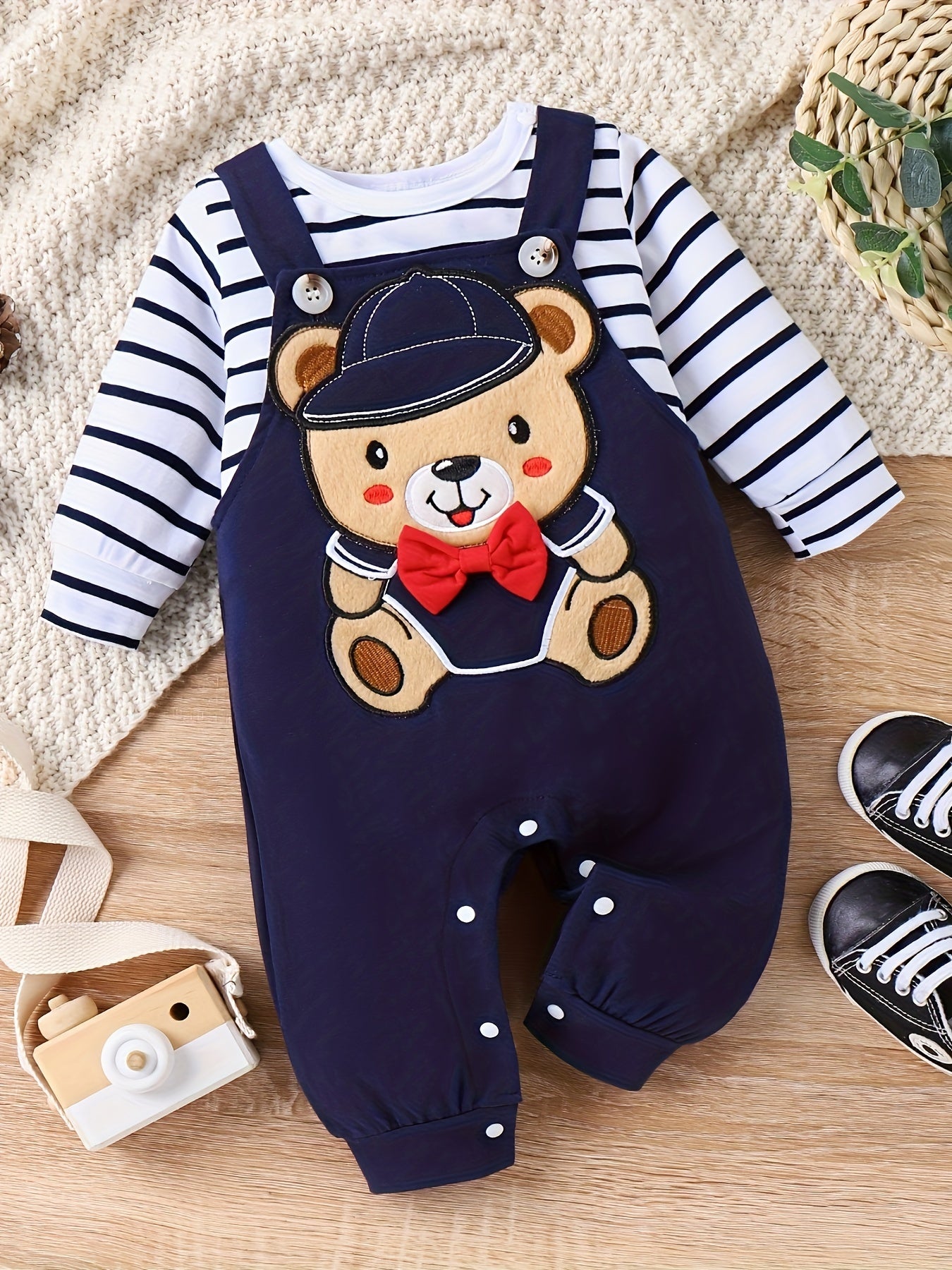 Baby Boy Fall/Winter Romper Set – Long Sleeve Stripe Bodysuit with Adjustable Suspender Pants, 0-18 Months