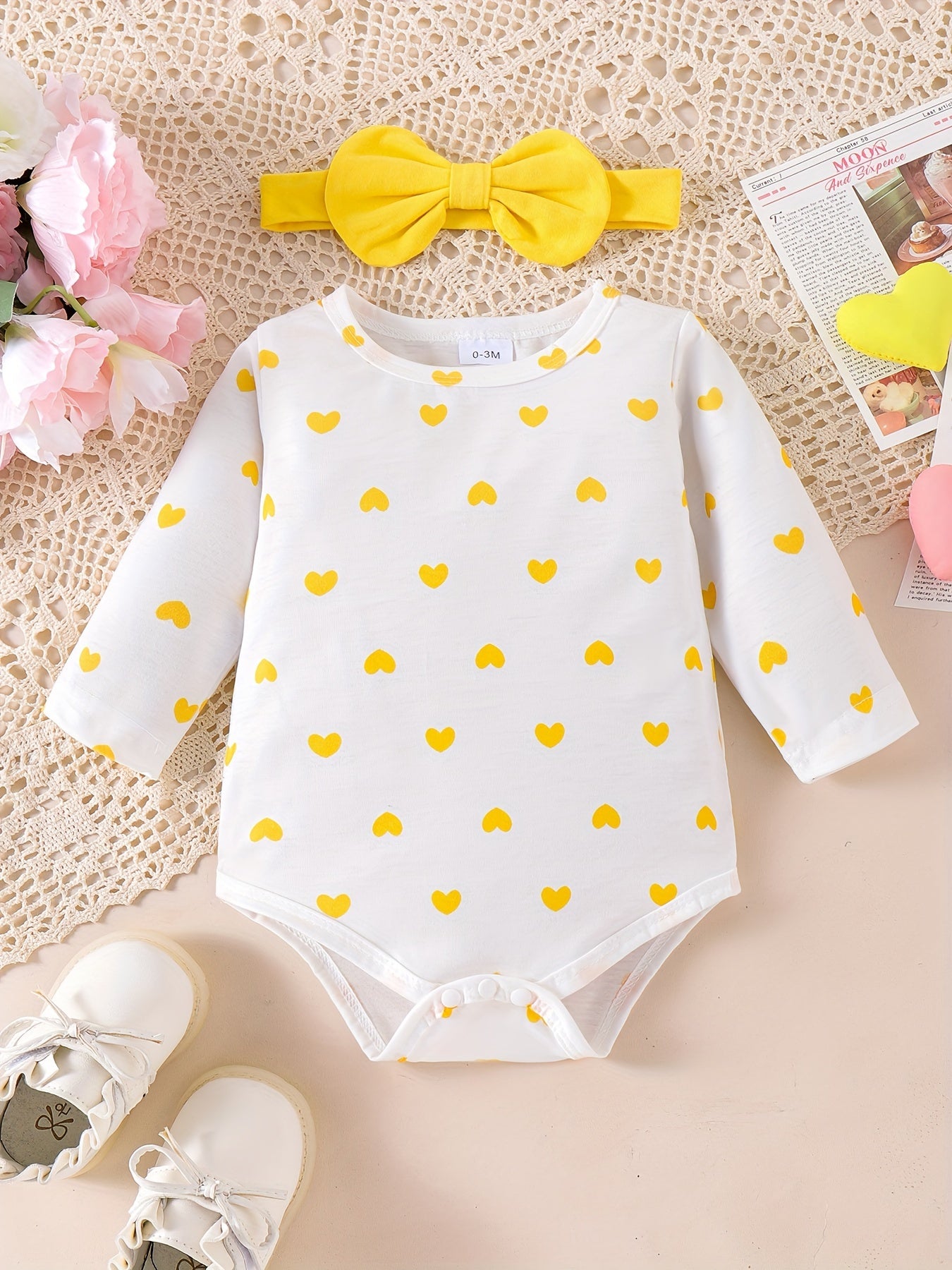 Baby Girl Two-Piece Outfit – Bear Romper & Denim Strap Pants, 0-18 Months