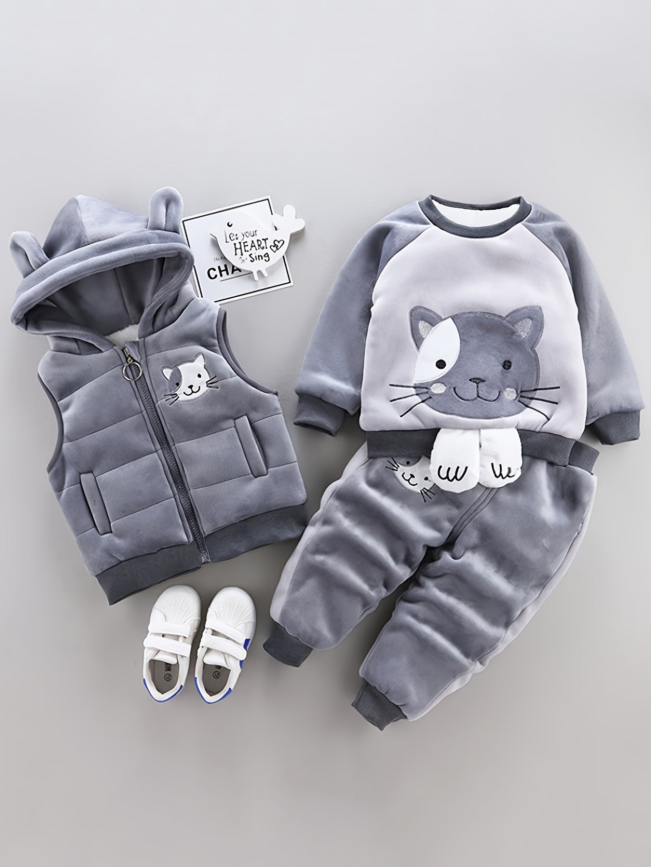 🐱 3pcs Cozy Cat Hoodie Set – Winter Outfit for Girls