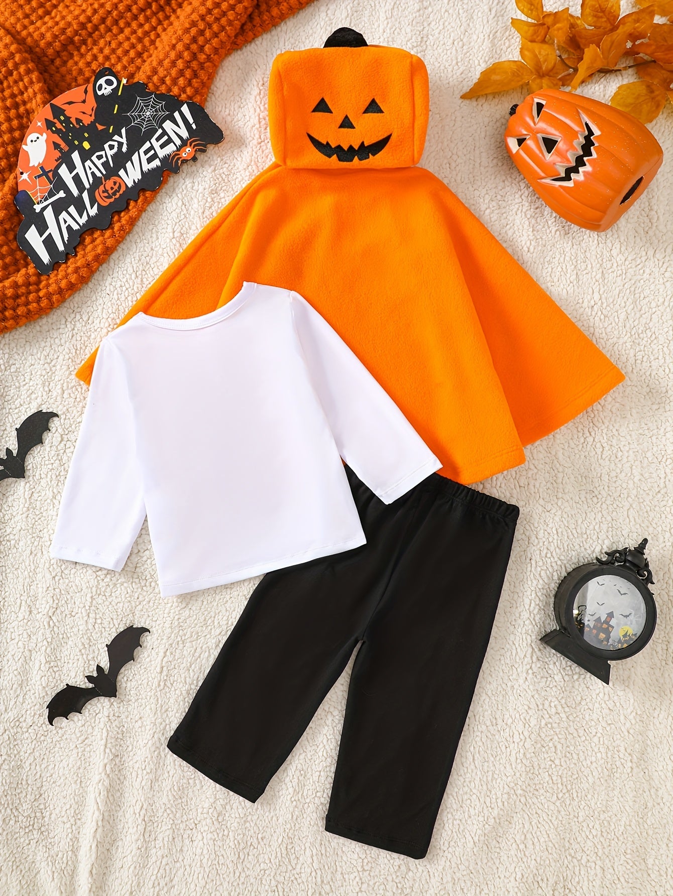 🎃 3pcs Halloween Outfit – Fleece Pumpkin Cape Set for Kids