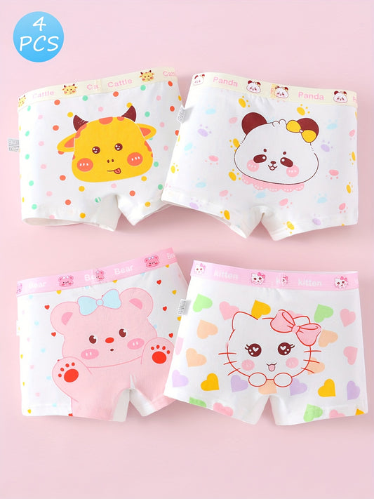 4pcs Girls' Cartoon Animal Boxer Briefs – Soft Cotton, Comfortable Everyday Underwear for Kids